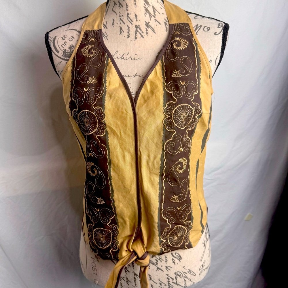 MV LINEN Halter with Front Tie 100% Linen in Camel Colored Top Size S or L